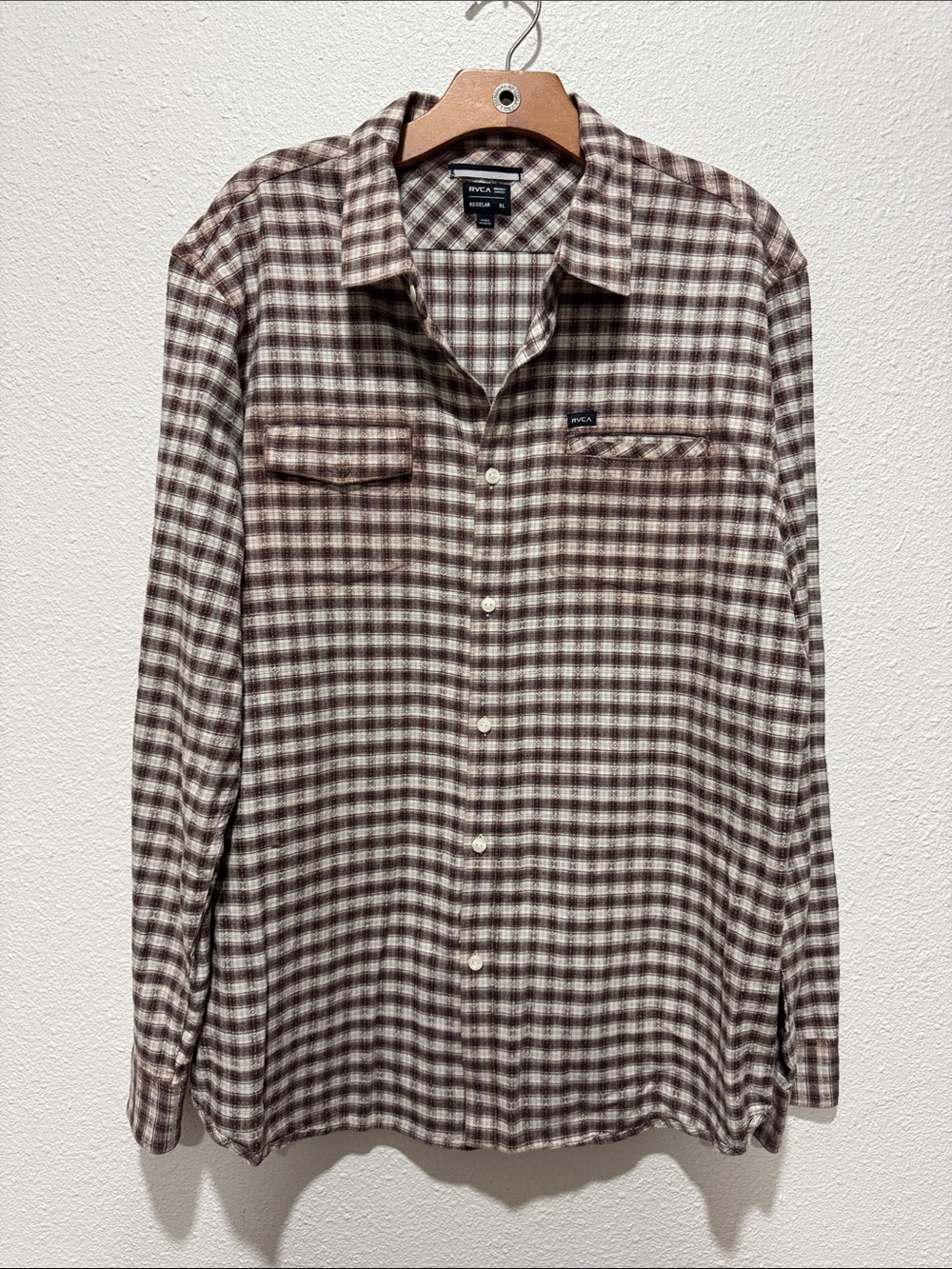 RVCA Men’s Brown and Cream Plaid Button-Down Shirt